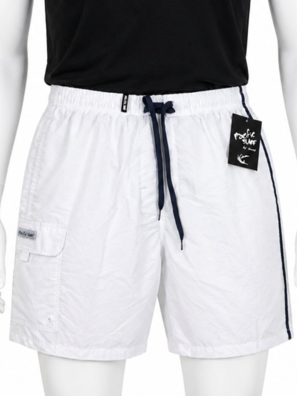 Men's 3XL White Navy Swim Trunks Elastic Drawstring Pockets NWT